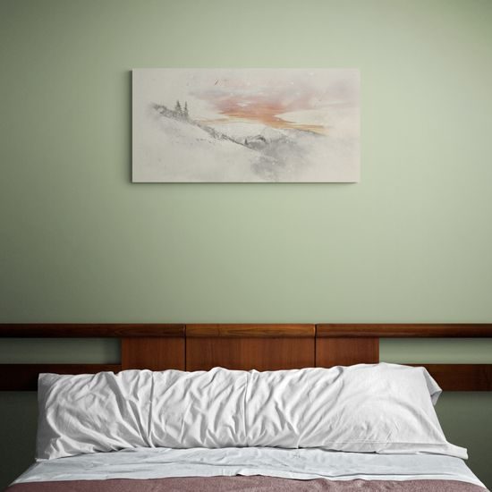 Obraz zasnežená krajina pri zapadajúcom slnku