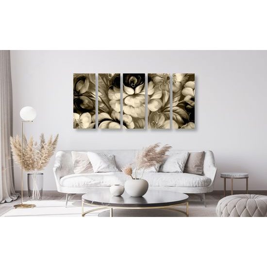 5-dielny obraz abstraktná maľba kvetín v sépiovom prevedení