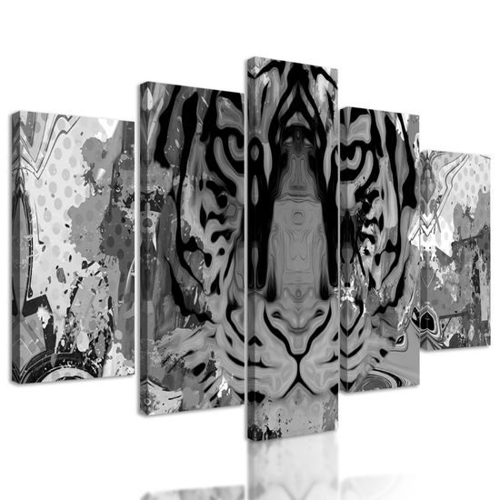 5-dielny obraz abstraktný tiger v čiernobielom prevedení