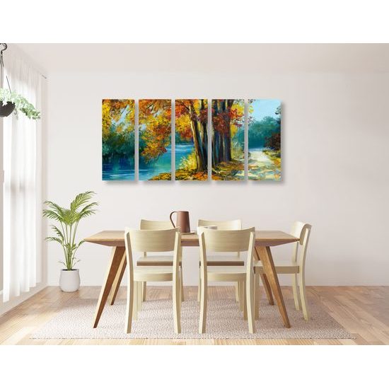5-dielny obraz maľované jesenné stromy pri rieke