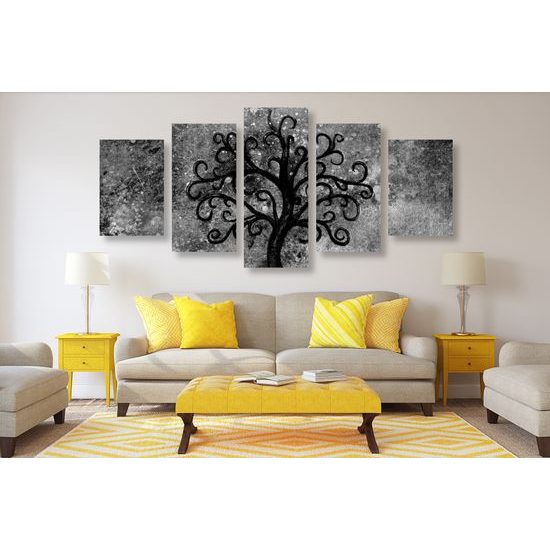 5-dielny obraz čiernobiely strom života v nekonečnom vesmíre