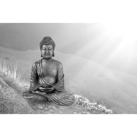 Fototapeta socha Budhu v lone prírody v čiernobielom prevedení