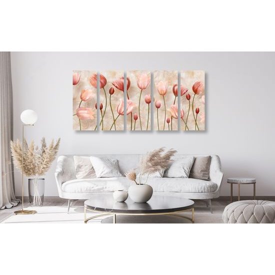 5-dielny obraz ružové maľované tulipány