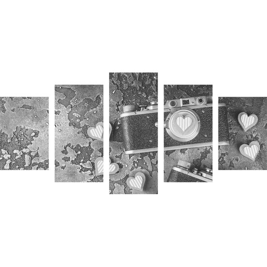 5-dielny obraz dva historické fotoaparáty v čiernobielom prevedení