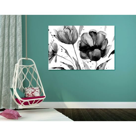 Obraz maľované tulipány v čiernobielom prevedení