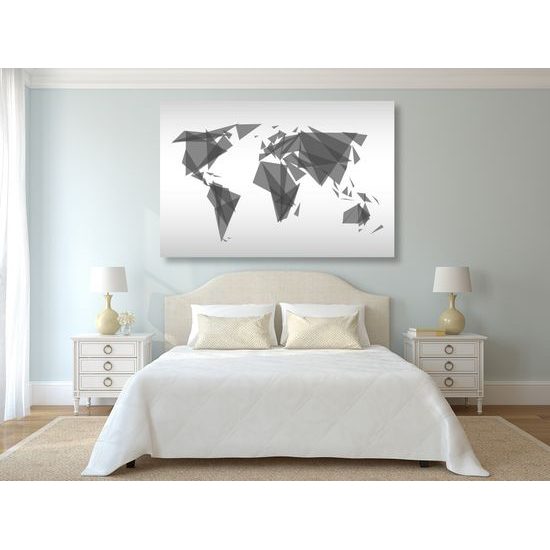 Obraz mapa sveta tvorená trojuholníkmi v čiernobielom prevedení