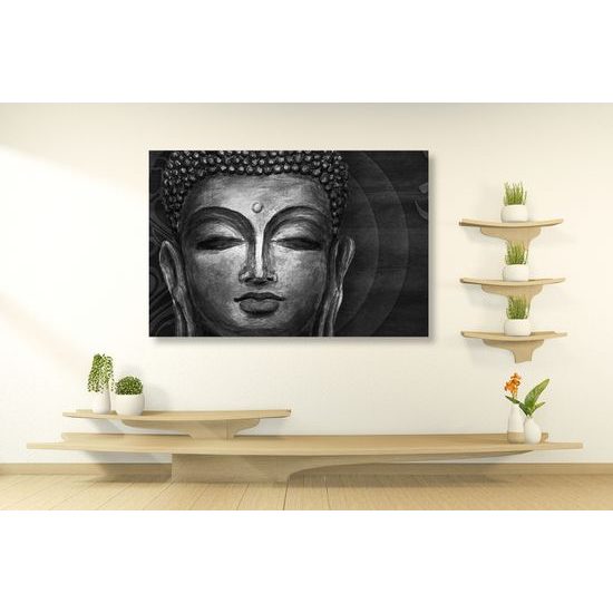 Obraz meditujúci Budha v čiernobielom prevedení