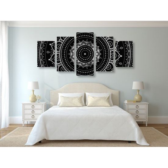 5-dielny obraz magická Mandala v čiernobielom prevedení