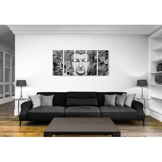 5-dielny obraz Budha v tropickej džungli v čiernobielom prevedení