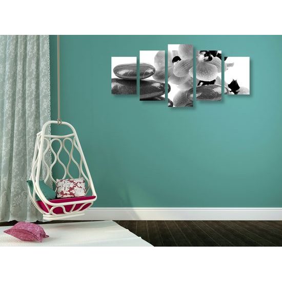 5-dielny obraz relaxačne SPA zátišie v čiernobielom prevedení