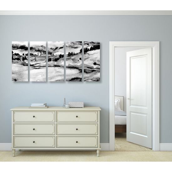 5-dielny obraz akavarelové Talianske mestečko v čiernobielom prevedení