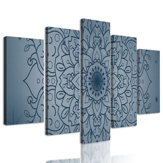 5-dielny obraz tmavomodrá Mandala na šedom pozadí