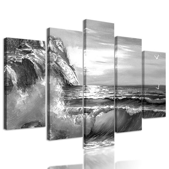 5-dielny obraz nekľudné more v čiernobielom prevedení
