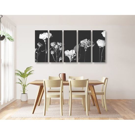 5-dielny obraz nádherné kvety v čiernobielom prevedení