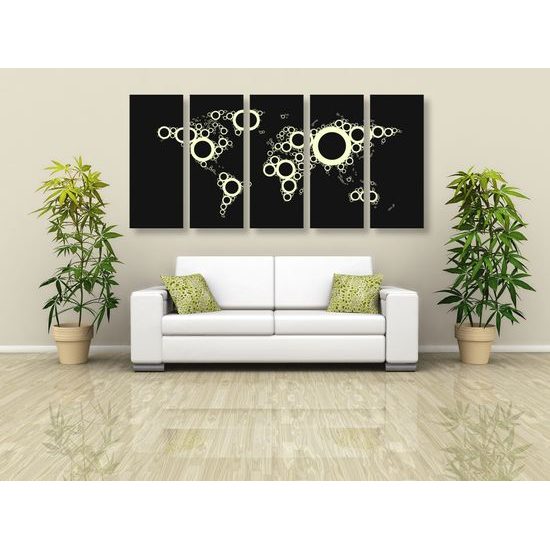 5-dielny obraz mapa sveta tvorená kružnicami v čiernobielom prevedení