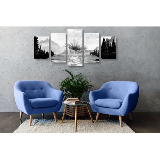 5-dielny obraz maľovaná horská krajinka v čiernobielom prevedení