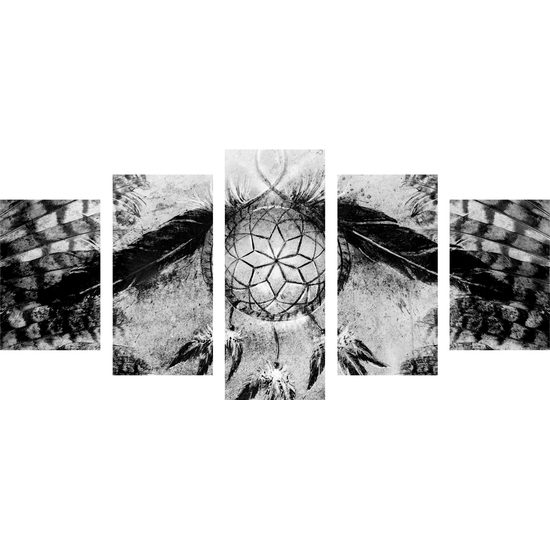 5-dielny obraz abstraktný lapač snov v čiernobielom prevedení