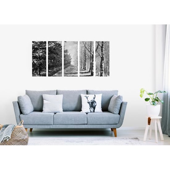 5-dielny obraz zasnežená alej v čiernobielom prevedení