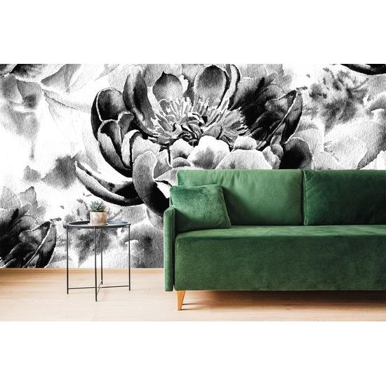 Očarujúca čiernobiela samolepiaca tapeta rozkvitnuté pivónie