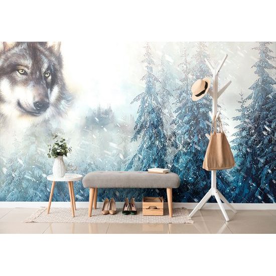 Tapeta maľba vlka v zimnej prírode