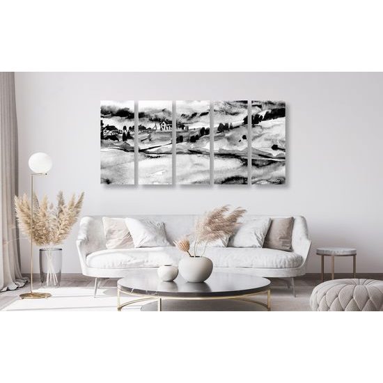 5-dielny obraz akavarelové Talianske mestečko v čiernobielom prevedení