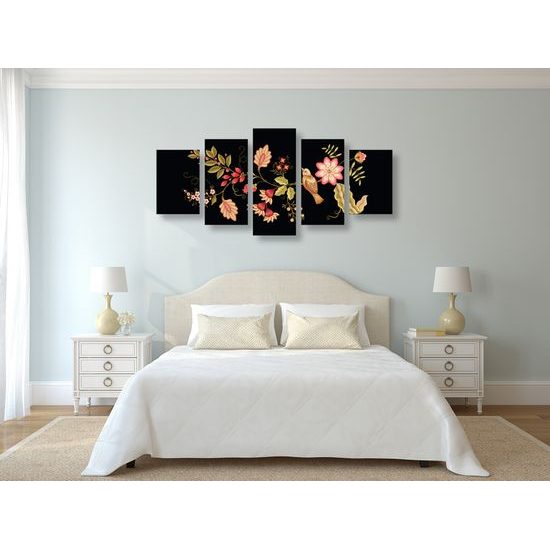 5-dielny obraz vtáčik na vetvičke s folklórnym motívom