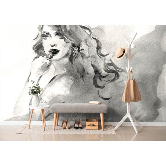 Samolepiaca tapeta čiernobiely portrét dámy v akvarelovom prevedení