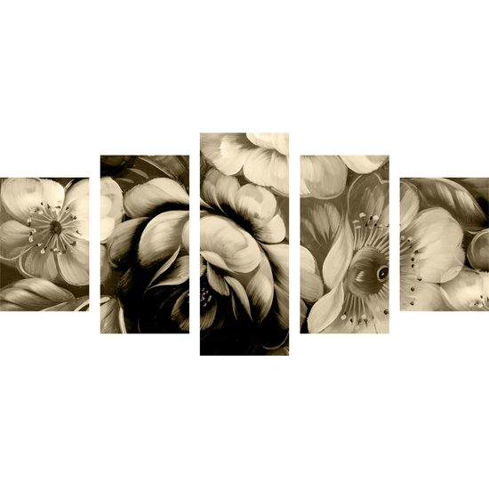 5-dielny obraz abstraktná maľba kvetín v sépiovom prevedení