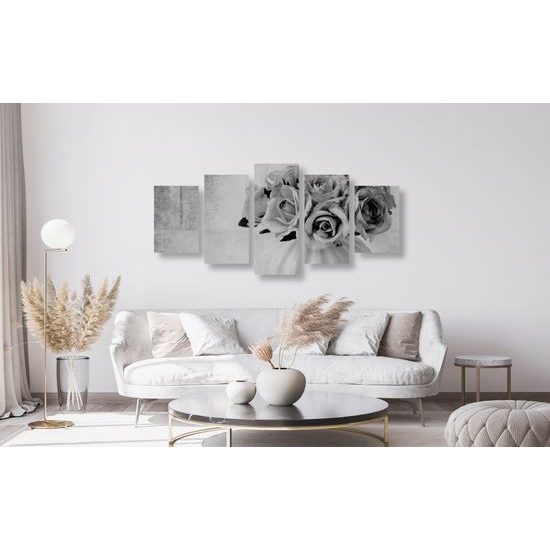 5-dielny obraz malé ružičky v čiernobielom prevedení