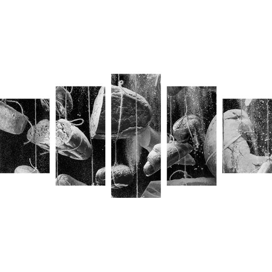 5-dielny obraz visiace pečivo v čiernobielom prevedení