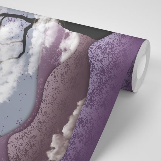 Samolepiaca tapeta strom v oblakoch vo fialovej krajine