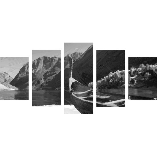 5-dielny obraz maľovaná vikingská loď v čiernobielom prevedení