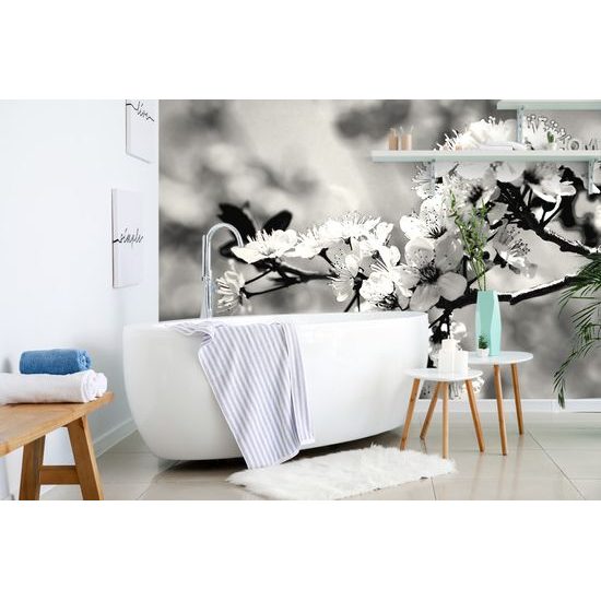 Samolepiaca fototapeta čiernobiele kvietky čerešne