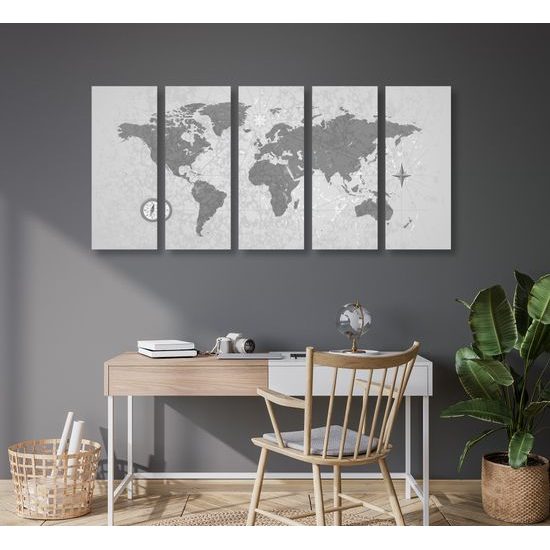 5-dielny obraz vintage mapa sveta v čiernobielom prevedení