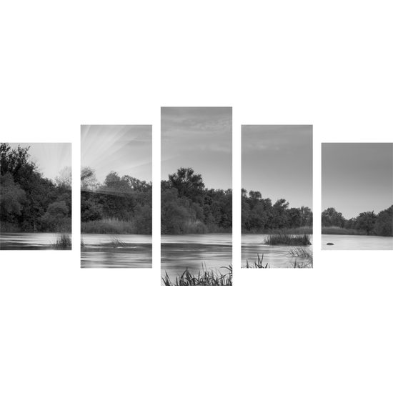 5-dielny obraz slnečné lúče nad jazerom v čiernobielom prevedení