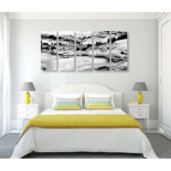 5-dielny obraz akavarelové Talianske mestečko v čiernobielom prevedení