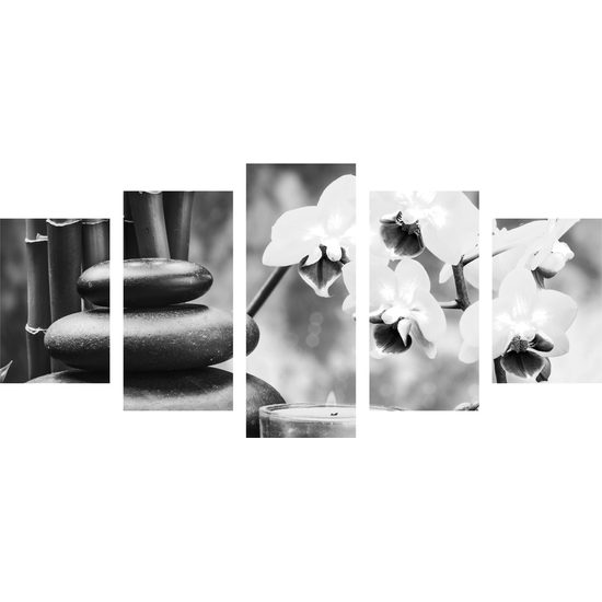 5-dielny obraz prírodné wellness zátišie v čiernobielom prevedení