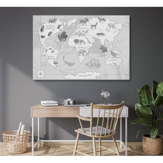 Obraz na korku čiernobiela kreslená mapa sveta s zvieratami