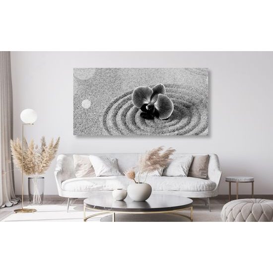 Obraz orchidea v piesku v čiernobielom prevedení