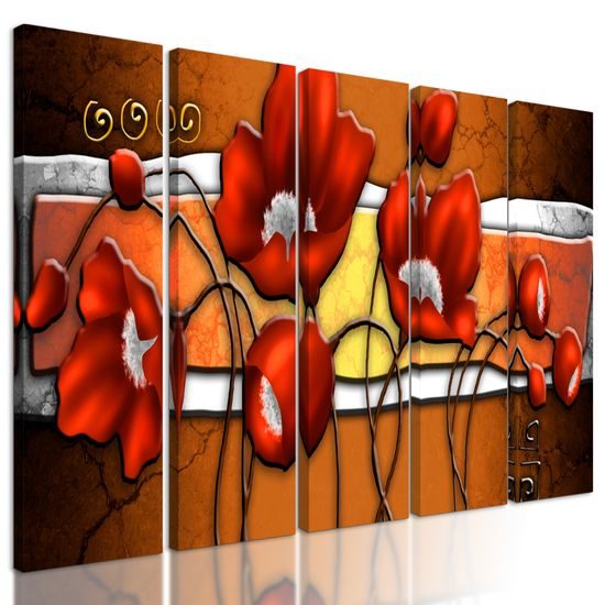 5-dielny obraz červené maky vo vintage prevedení
