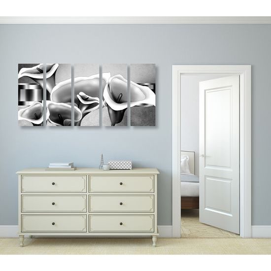 5-dielny obraz luxusné kvety kaly v čiernobielom prevedení