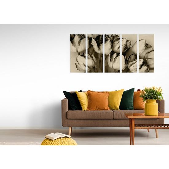 5-dielny obraz rozkvitnuté tulipány v sépiovom prevedení