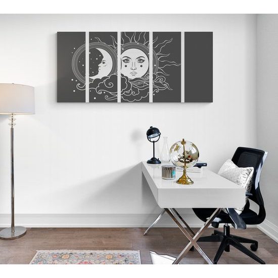 5-dielny obraz symboly slnka a mesiaca v čiernobielom prevedení