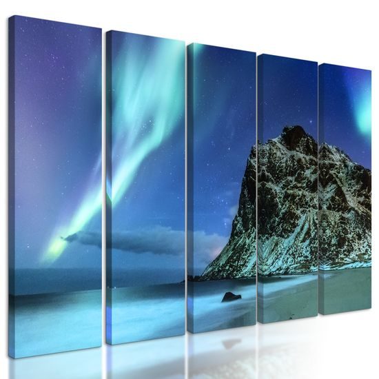 5-dielny obraz modro-zelená polárna žiara v Nórsku