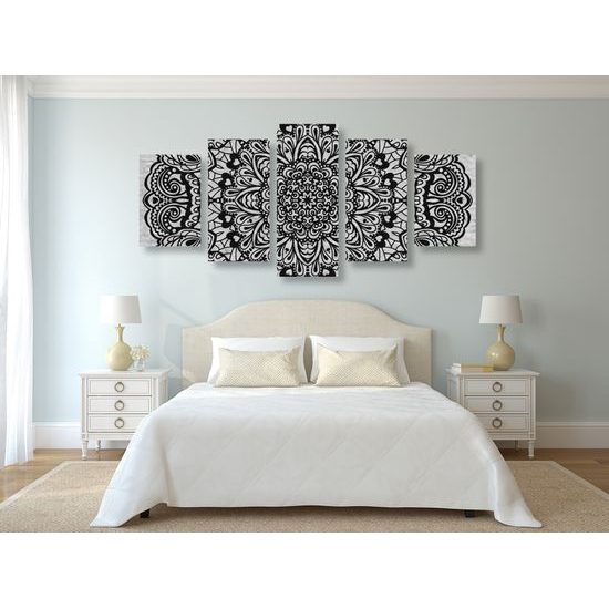5-dielny obraz Mandala na telovom pozadí v čiernobielom prevedení