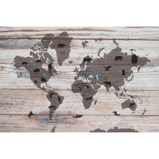 Obraz mapa sveta so symbolickými zvieratami na drevenom podklade