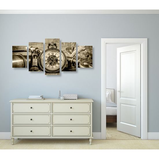 5-dielny obraz historické luxusné hodinky v sépiovom prevedení