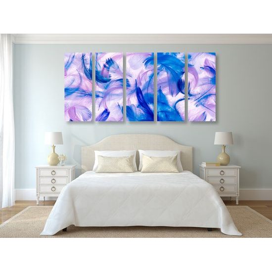 5-dielny obraz fialovo modré abstraktné pierka na bielom pozadí