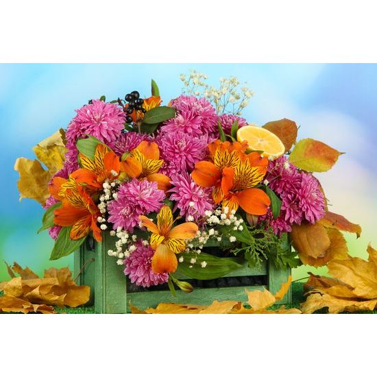 Obraz drevená debnička plná kvetov