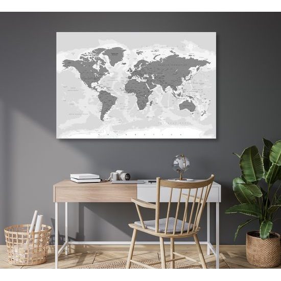 Obraz na korku mapa sveta v nežnom čiernobielom prevedení